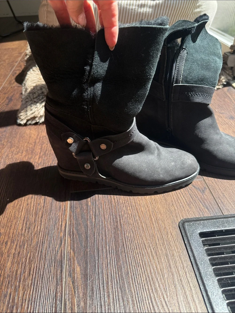 Black Suede Shearling-Lined Wedge Booties
